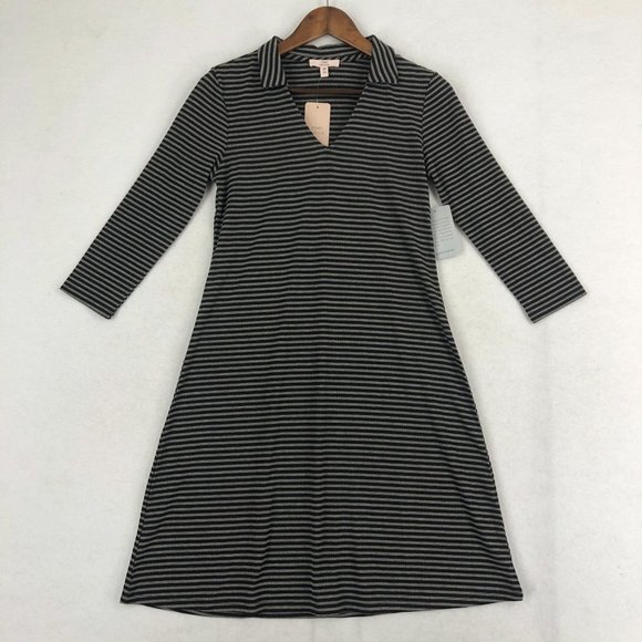 Como Vintage NWT Women's Size X-Small Black Grey Striped V-Neck Collared Dress - Picture 1 of 10